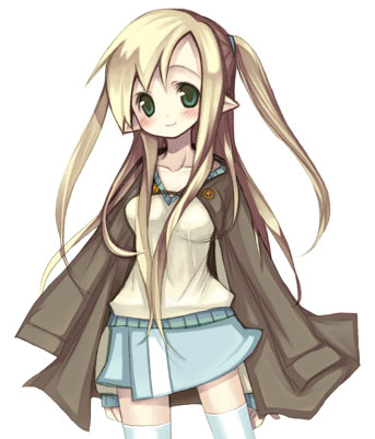 original, lowres, 1girl, blonde hair, female focus, green eyes, jacket, jacket on shoulders, long hair, pointy ears, ponytail, simple background, skirt, solo, sweater, thighhighs, white thighhighs, zettai ryouiki