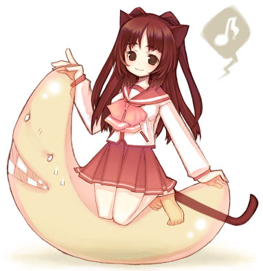 kousaka tamaki, to heart (series), to heart 2, lowres, 00s, 1girl, animal ears, banana boat, barefoot, cat ears, female focus, full body, musical note, on banana, quaver, simple background, solo, white background