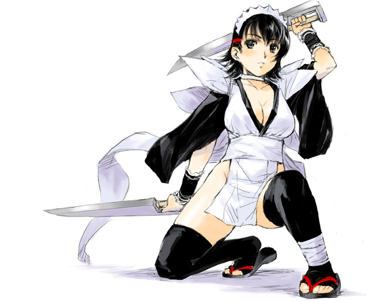 shirayuki shoushirou, iroha (samurai spirits), samurai spirits, 1girl, black hair, black thighhighs, breasts, cleavage, female focus, large breasts, long sleeves, maid, no panties, solo, sword, thighhighs, weapon