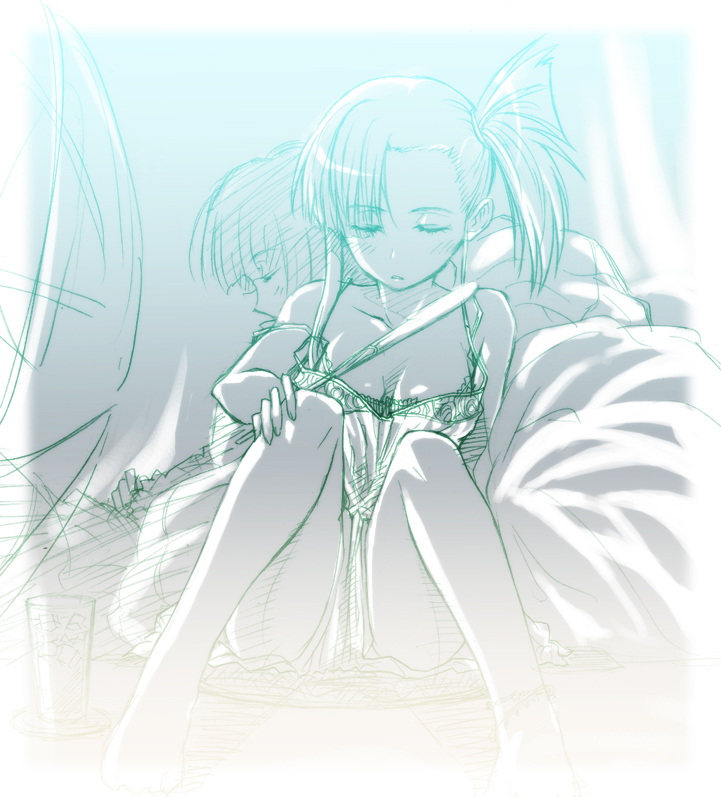 puyo (puyotopia), konoe konoka, sakurazaki setsuna, mahou sensei negima!, 00s, 2girls, breasts, drink, female focus, foreshortening, hand fan, monochrome, multiple girls, pajamas, paper fan, ponytail, side ponytail, sitting, sketch, sleeping, uchiwa, yuri