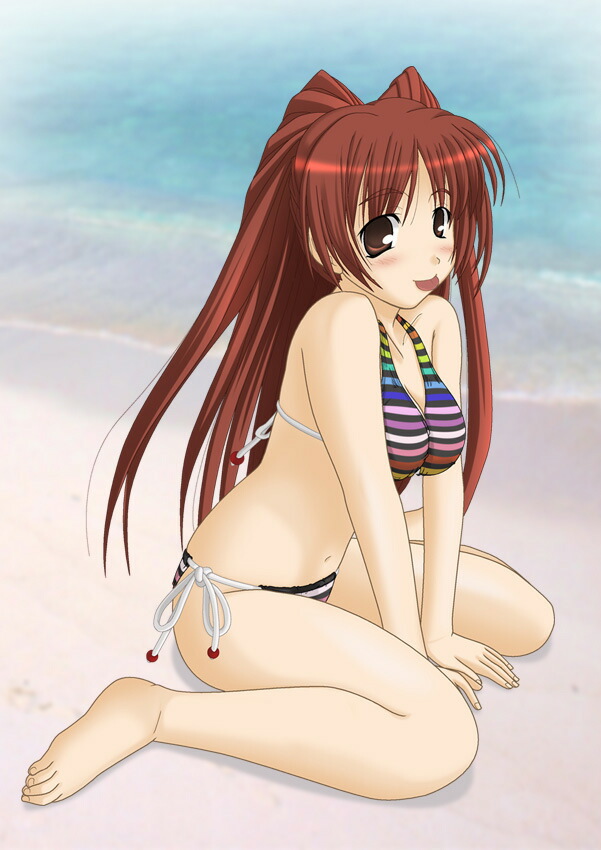 sore-hp, kousaka tamaki, to heart (series), to heart 2, 00s, 1girl, :p, barefoot, beach, bikini, blush, brown eyes, day, feet, female focus, long hair, mouth hold, ocean, outdoors, red hair, sand, side-tie bikini bottom, solo, string bikini, swimsuit, tongue, tongue out, water