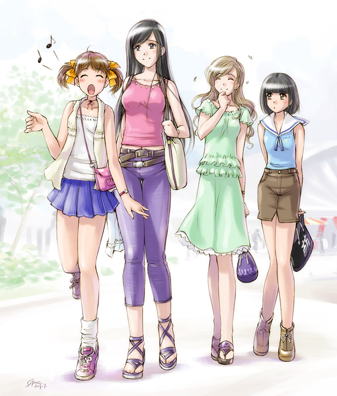 sameha ikuya, fukuzawa yumi, nijou noriko, ogasawara sachiko, toudou shimako, maria-sama ga miteru, 00s, 4girls, casual, closed mouth, dot mouth, long hair, moe (phrase), multiple girls, sandals