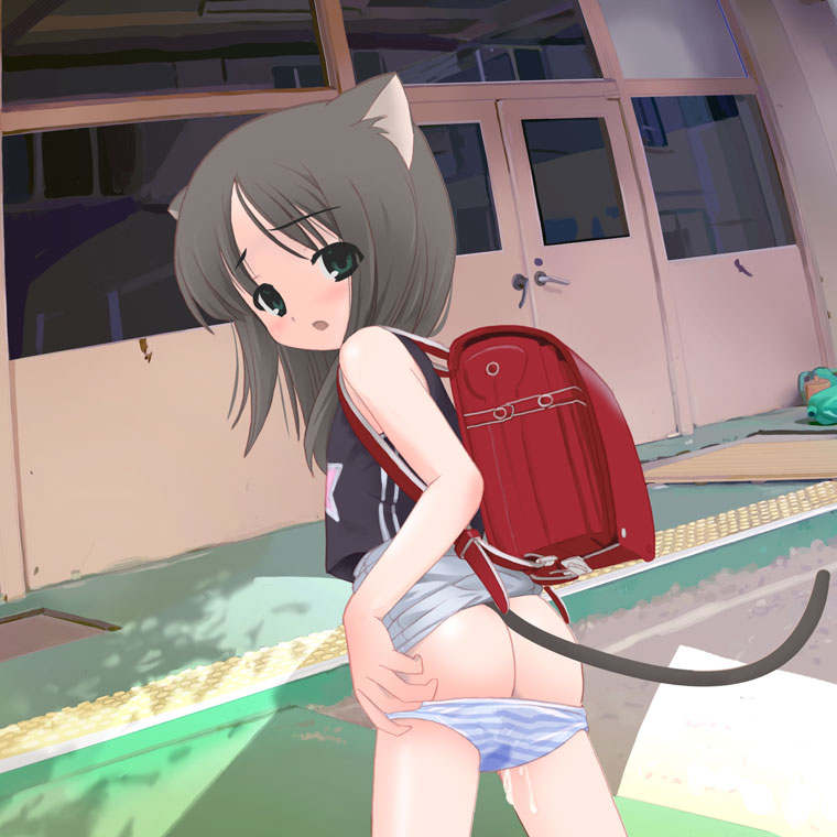 houmitsu, copyright request, source request, 1girl, animal ears, backpack, bag, cat ears, female focus, loli, panties, panty pull, pussy juice, randoseru, solo, striped clothes, striped panties, underwear