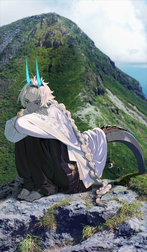 pako (pakosun), arjuna (fate), arjuna alter (fate), fate/grand order, fate (series), commentary request, game cg, official art, third-party source, 1boy, barefoot, black eyes, black pants, blue horns, braid, closed mouth, colored skin, crossed arms, dragon boy, dragon horns, dragon tail, expressionless, full body, grey skin, horns, hugging own legs, knees up, long hair, male focus, mountain, official alternate costume, outdoors, pants, photo background, single braid, sitting, solo, tail, tunic, very long hair, white hair, white tunic
