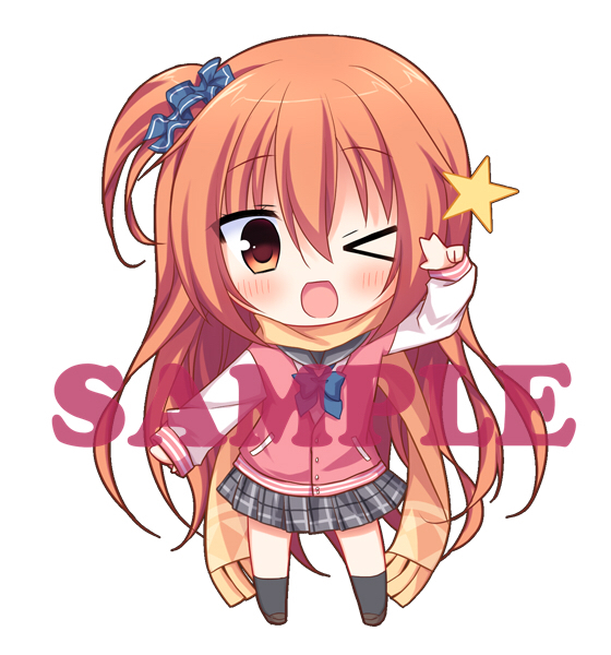 korokoro cat, inaba meguru, sanoba witch, commentary request, > o, 1girl, ;d, black socks, blue bow, blue bowtie, blue scrunchie, blush, bow, bowtie, charo (meme), chibi, chibi only, eyes visible through hair, fringe trim, full body, grey sailor collar, grey skirt, hair between eyes, hair ornament, hair scrunchie, hand up, happy, jacket, kneehighs, letterman jacket, long hair, looking at viewer, meme, miniskirt, one eye closed, one side up, open mouth, orange eyes, orange hair, pink jacket, plaid clothes, plaid skirt, pleated skirt, sailor collar, sample watermark, scarf, school uniform, scrunchie, serafuku, simple background, skirt, sleeves past wrists, smile, socks, solo, standing, star (symbol), v, very long hair, watermark, white background, white sleeves, yellow scarf