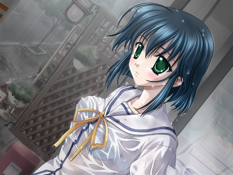 mizukoshi mako, da capo, da capo i, 00s, 1girl, female focus, hair between eyes, lingerie, school uniform, see-through clothes, serafuku, shirt, solo, underwear, wet, wet clothes, wet shirt