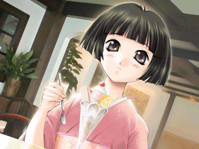 akiyoshi yoshiaki, game cg, jpeg artifacts, 1girl, blush, brown hair, female focus, food, ice cream, japanese clothes, kimono, short hair, solo, spoon