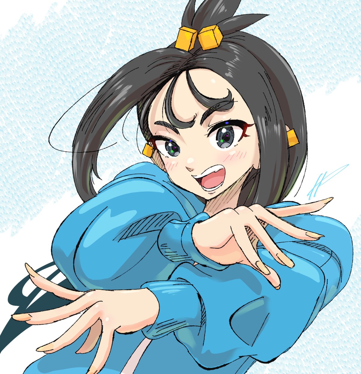 h renah, lida (pokemon), nintendo, pokemon, pokemon legends: z-a, commentary, highres, 1girl, arms up, black hair, blue hoodie, eyelashes, grey eyes, hood, hoodie, looking at viewer, loose hair strand, open mouth, smile, solo, upper body