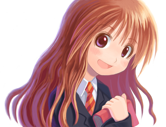 hermione granger, harry potter (series), wizarding world, 1girl, blush, book, brown eyes, brown hair, female focus, head tilt, holding, holding book, long hair, looking at viewer, necktie, school uniform, serafuku, smile, solo, upper body