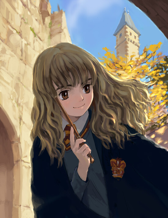 naruko hanaharu, hermione granger, harry potter (series), wizarding world, 1girl, animification, brown eyes, brown hair, curly hair, day, female focus, hogwarts, hogwarts uniform, long hair, matching hair/eyes, necktie, school uniform, serafuku, sky, smile, solo, striped necktie, sweater, wand, witch