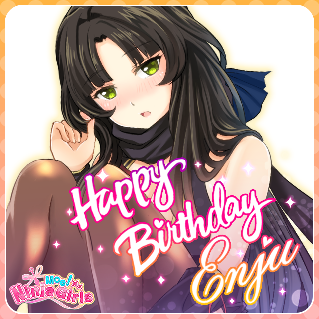 saion-ji enju, moe! ninja girls, official art, 1girl, bare shoulders, black hair, blush, breasts, character name, copyright name, green eyes, happy birthday, large breasts, logo, long hair, open mouth, simple background, solo, very long hair