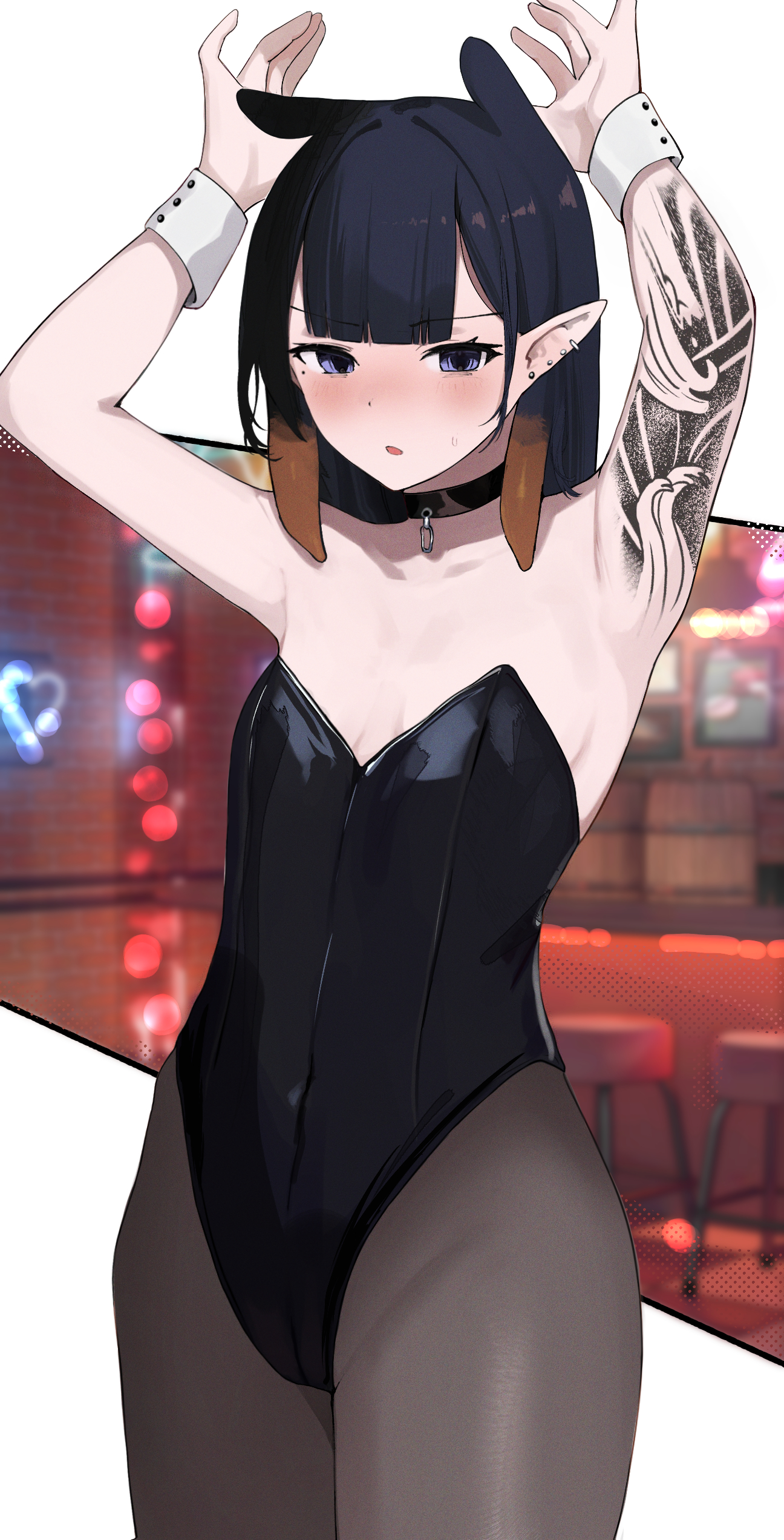 ku roiko, ninomae ina'nis, hololive, hololive english, absurdres, highres, 1girl, arm tattoo, armpits, arms up, black leotard, black pantyhose, blunt bangs, blurry, blurry background, blush, breasts, center-flap bangs, covered navel, cowboy shot, flat chest, gradient hair, leotard, long hair, looking at viewer, mole, mole under eye, multicolored hair, orange hair, pantyhose, playboy bunny, pointy ears, purple hair, sidelocks, small breasts, solo, strapless, strapless leotard, tattoo, tattoo sleeve, tentacle hair, virtual youtuber, wrist cuffs