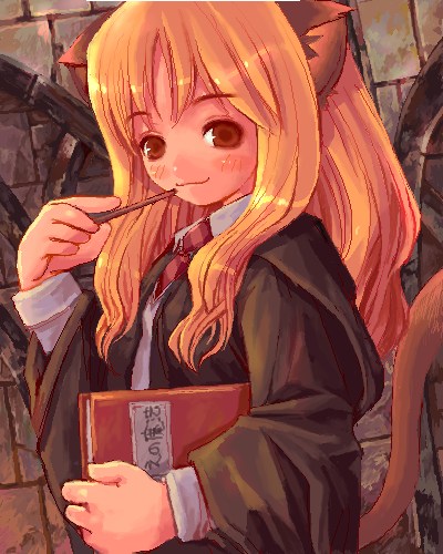 hermione granger, harry potter (series), wizarding world, lowres, 1girl, animal ears, book, cat ears, cat tail, female focus, hogwarts school uniform, holding, holding wand, kemonomimi mode, necktie, oekaki, red necktie, school uniform, solo, striped necktie, tail, wand