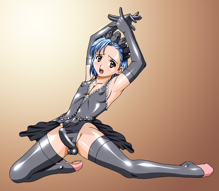 nakagama yasukazu, honjou masami, gakuen toukou shashin, 1boy, androgynous, armpits, arms up, ballerina, ballet, ballet slippers, black thighhighs, blue hair, breasts, bulge, cleavage, covered erect nipples, crossdressing, crossdressing (mtf), elbow gloves, erection, erection under clothes, flat chest, full body, gloves, hairband, half-soles, latex, latex gloves, looking at viewer, maid, maid headdress, male focus, male maid, open mouth, penis, pink eyes, plantar flexion, shota, skin tight, solo, stretching, testicles, thighhighs, trap