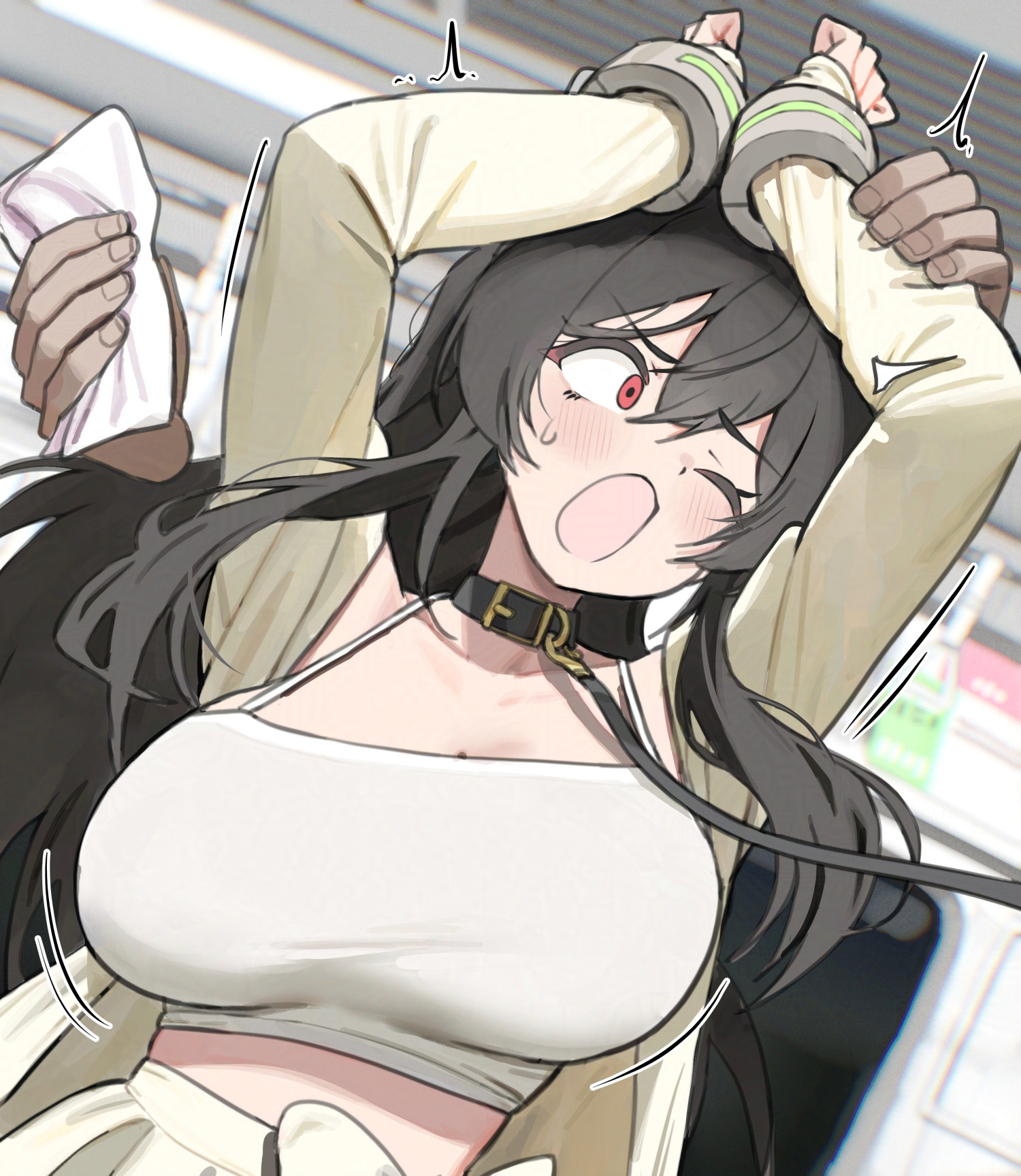twin (tt lsh), original, commentary, commission, english commentary, highres, 1girl, arms up, belt, belt buckle, belt collar, black belt, black collar, black hair, black leash, bound, bound wrists, breasts, buckle, cardigan, collar, constricted pupils, crop top, crossed bangs, cuffs, disembodied hand, dutch angle, hair between eyes, handcuffs, holding tissue, large breasts, leash, long hair, long sleeves, midriff, one eye closed, open mouth, red eyes, small sweatdrop, solo focus, tank top, train interior, upper body, white tank top, yellow cardigan