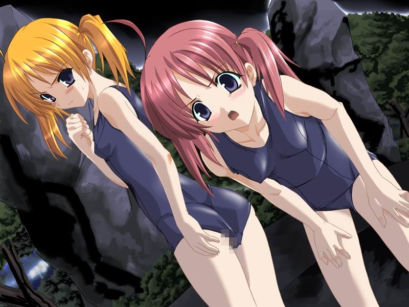 ariake ayano, ariake fumino, kizumono no shoujo, game cg, 2girls, ahoge, black eyes, blonde hair, blush, censored, dutch angle, leaning forward, looking at viewer, mosaic censoring, multiple girls, night, one-piece swimsuit, red hair, school swimsuit, sweatdrop, swimsuit, tree, twintails