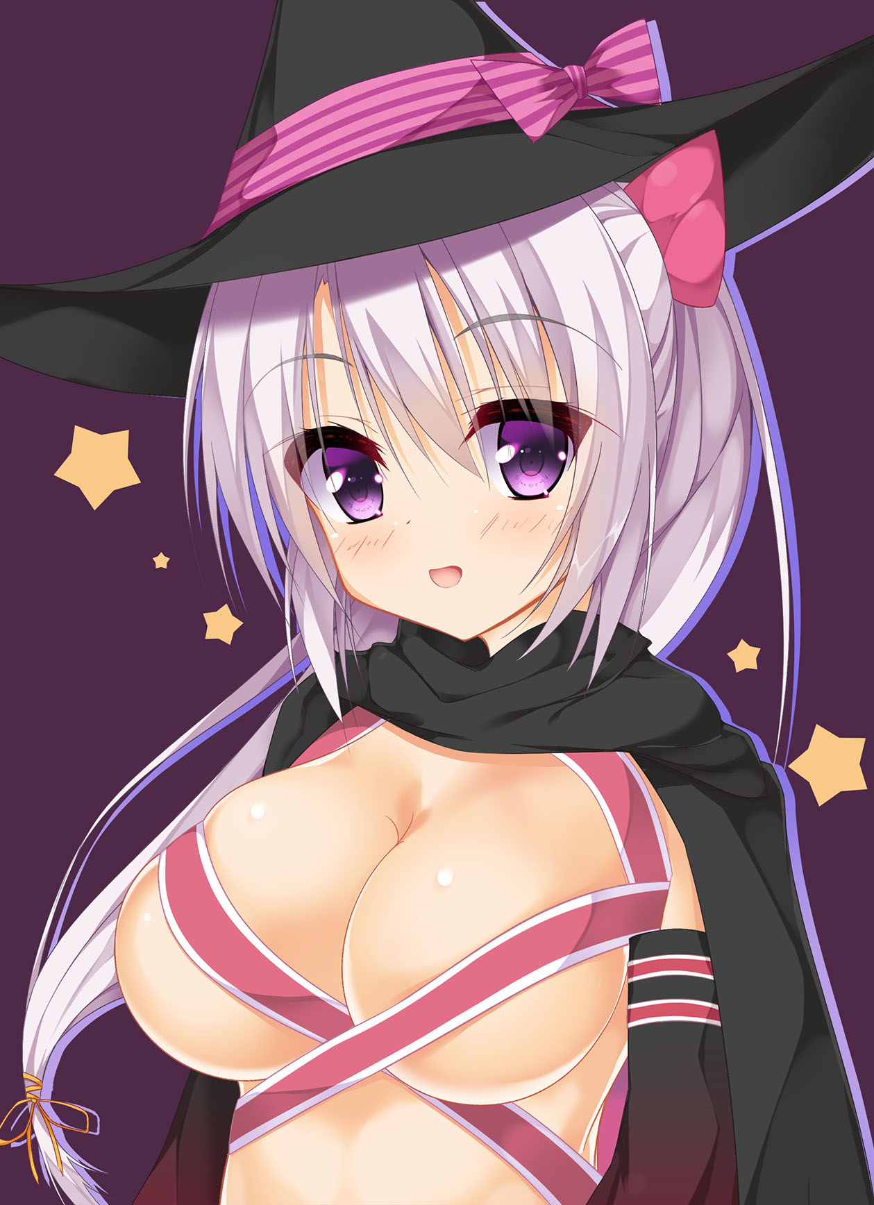 shrimp 3, ayachi nene, sanoba witch, commentary, highres, 1girl, :d, alternate hairstyle, arms at sides, belt, belt bra, black cape, black hat, blush, bow, breasts, cape, cleavage, detached sleeves, drop shadow, eyes visible through hair, floating hair, grey hair, hair between eyes, hair bow, hair ribbon, hat, hat bow, large breasts, long hair, long sleeves, looking at viewer, low-tied long hair, open mouth, pink belt, pink bow, ponytail, purple background, purple eyes, ribbon, sidelocks, simple background, skindentation, smile, solo, star (symbol), upper body, very long hair, witch, witch hat, yellow ribbon