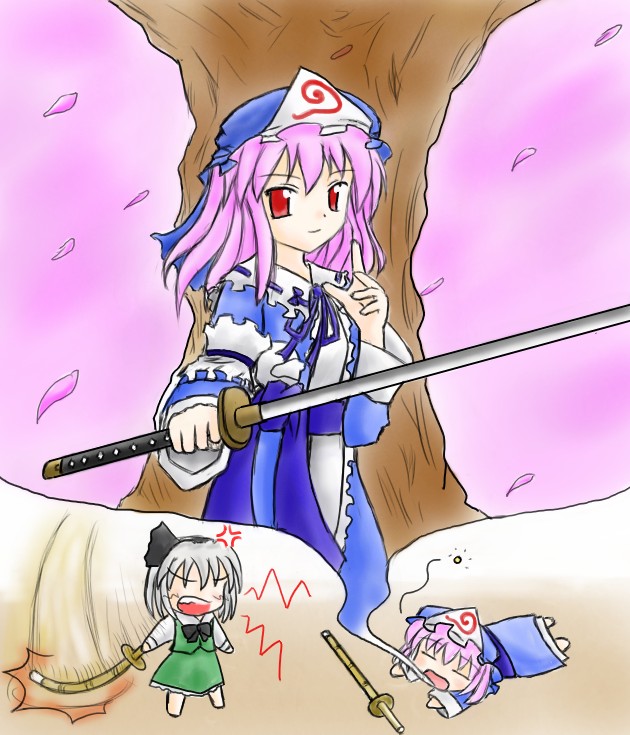konpaku youmu, saigyouji yuyuko, touhou, 2girls, female focus, green skirt, grey hair, hat, japanese clothes, katana, kimono, long sleeves, multiple girls, petals, pink hair, red eyes, skirt, sword, tree, triangular headpiece, weapon, white sleeves