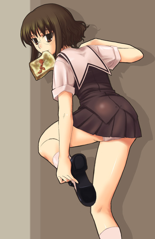 mk (mod0), kikuko (kazu), original, 1girl, blush, bread, bread slice, brown eyes, brown hair, female focus, food, food in mouth, glasses, leg lift, legs, looking back, miniskirt, mouth hold, panties, pantyshot, pleated skirt, school uniform, serafuku, shoes, short hair, skirt, socks, solo, standing, toast, toast in mouth, underwear, upskirt, white panties