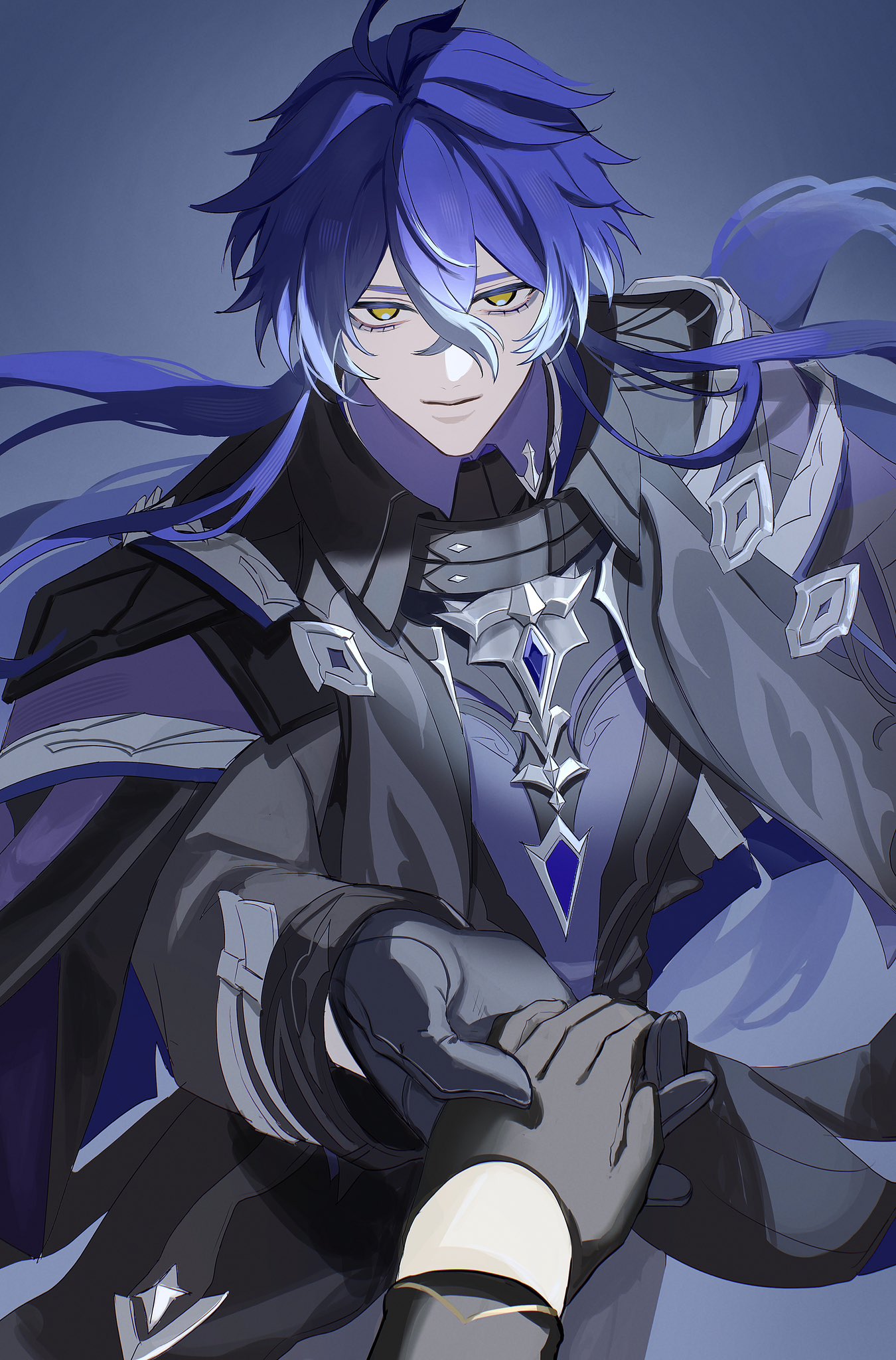 tubakkkki65, aether (genshin impact), flins (genshin impact), genshin impact, hashtag-only commentary, highres, 2boys, ahoge, arm guards, bags under eyes, black coat, black gloves, blue background, blue gemstone, blue hair, closed mouth, coat, collared coat, couple, floating hair, friends, gem, gloves, gradient background, gradient hair, hair floating upwards, holding hands, huge ahoge, leaning to the side, light smile, long hair, long sleeves, looking at viewer, multicolored eyes, multicolored hair, multiple boys, pants, pov, pov hands, shade, solo focus, standing, yaoi, yellow eyes