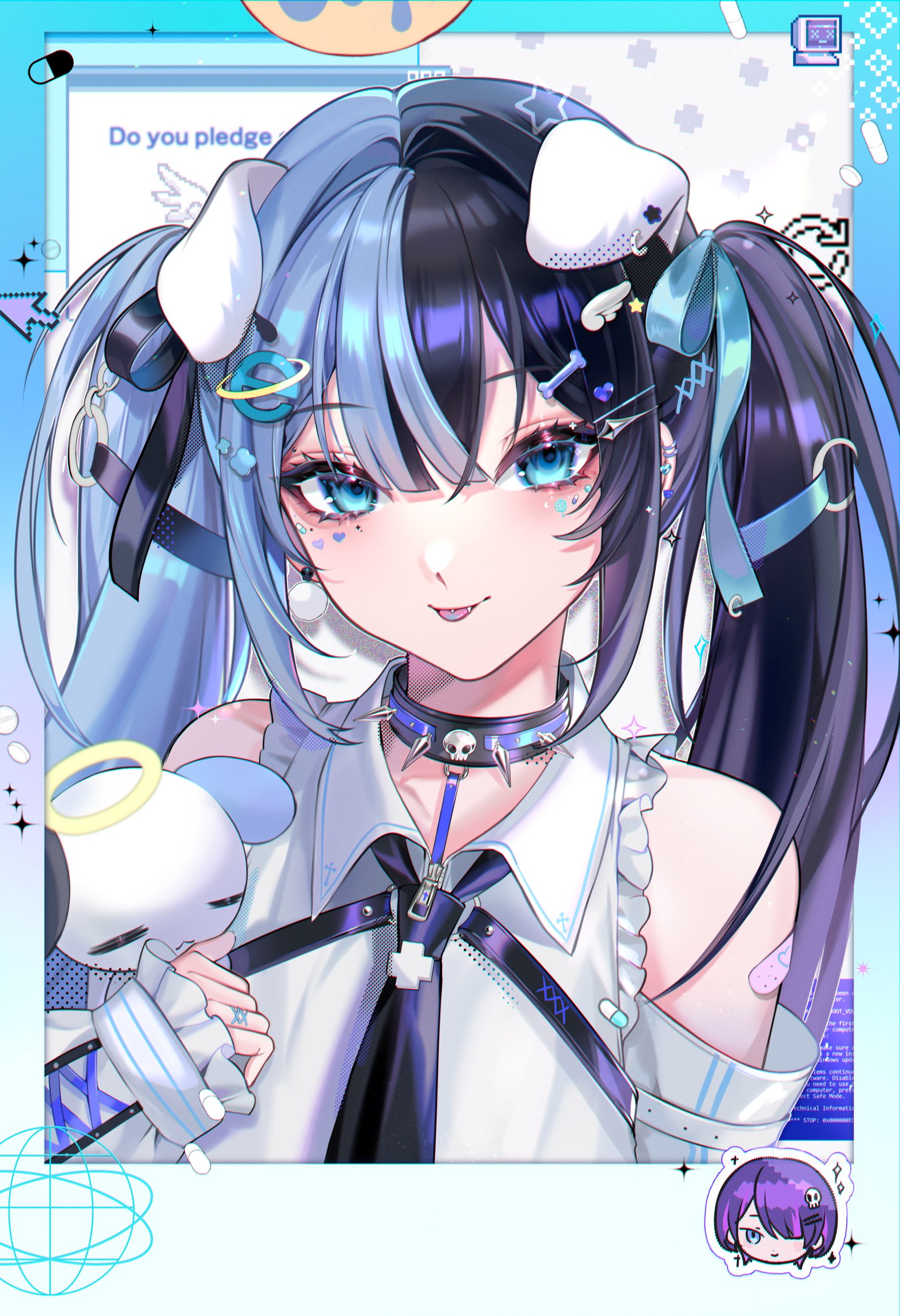 saga666, internet explorer, original, commentary, highres, symbol-only commentary, 1girl, animal ears, bandaid, bandaid on arm, bare shoulders, black choker, black hair, blue border, blue eyes, blue hair, border, choker, crossed bangs, cursor, fake animal ears, fang, hair between eyes, hair ornament, hairclip, holding, holding stuffed toy, long hair, long sleeves, looking at viewer, multicolored hair, piercing, shirt, smile, solo, spiked choker, spikes, stuffed animal, stuffed rabbit, stuffed toy, tongue, tongue out, tongue piercing, twintails, two-tone hair, upper body, white shirt, wing hair ornament