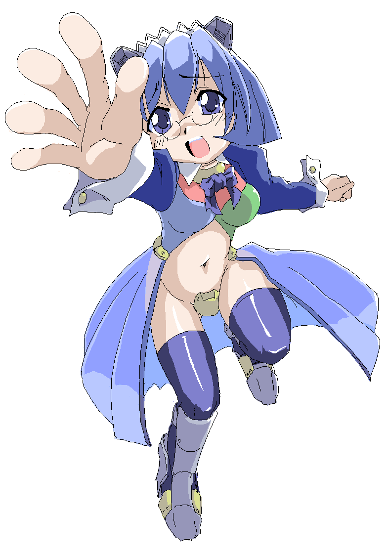 anogorou, 2k-tan, os-tan, 1girl, blue eyes, blue hair, blue thighhighs, crotch plate, female focus, foreshortening, glasses, hair between eyes, maebari, matching hair/eyes, open mouth, short hair, simple background, solo, thighhighs, thighs, white background