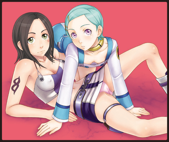 ha-ru, medical berry, eureka (eureka seven), talho yuuki, eureka seven, eureka seven (series), 00s, 2girls, all fours, boots, breasts, brown eyes, brown hair, cleavage, green hair, hair ornament, hairclip, lying, medium breasts, midriff, miniskirt, multiple girls, navel, on back, panties, purple eyes, short hair, skirt, spread legs, tattoo, thigh strap, underwear, white panties