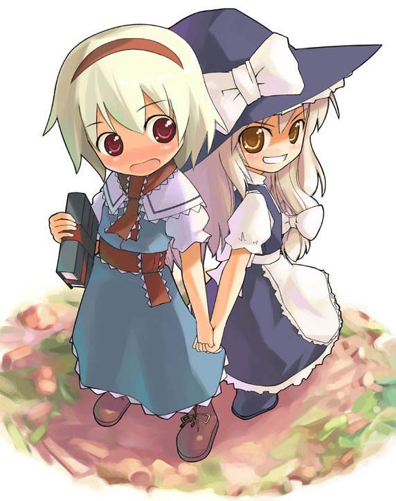 urara (ckt), alice margatroid, kirisame marisa, touhou, 2girls, blonde hair, blush, book, bow, female focus, grin, hat, holding hands, interlocked fingers, multiple girls, open mouth, smile, witch, witch hat