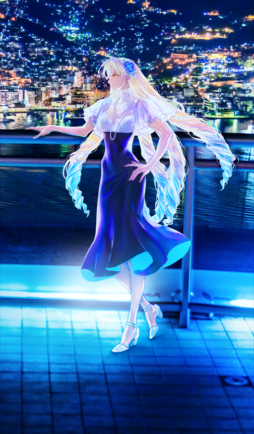 azuma toh, astraea (fate), fate/grand order, fate (series), commentary request, game cg, official art, third-party source, 1girl, blonde hair, blue dress, blue theme, breasts, city lights, crossed ankles, dress, drill hair, gradient hair, hair ornament, hand on own hip, high heels, jewelry, multicolored hair, necklace, night, official alternate costume, orange eyes, outdoors, photo background, shoes, short sleeves, solo, standing, white shoes