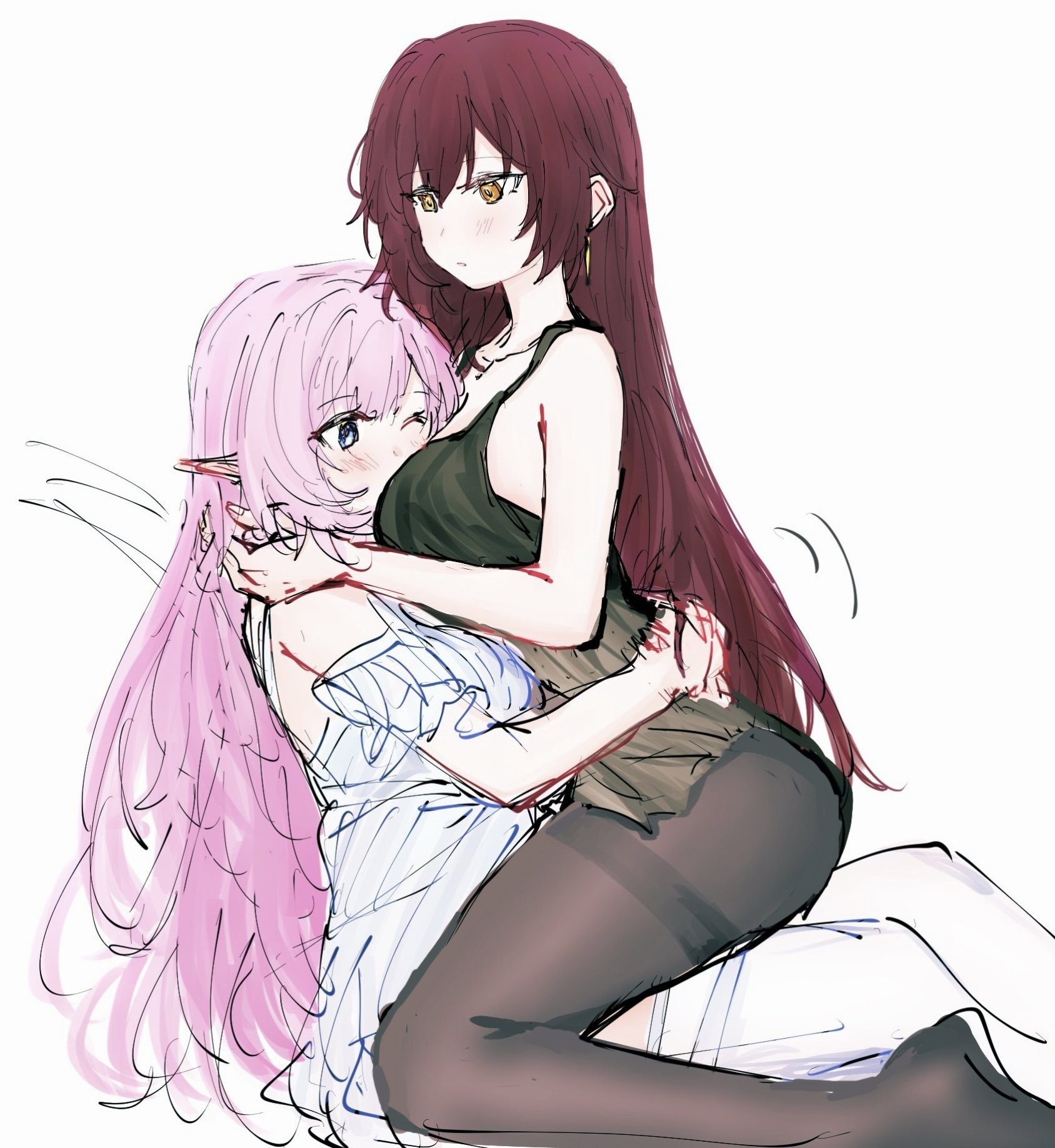 hsjejnx, eden (honkai impact), elysia (honkai impact), honkai (series), honkai impact 3rd, commentary, english commentary, highres, 2girls, black camisole, black pantyhose, blue eyes, breasts, brown hair, camisole, couple, earrings, elf, girl on top, jewelry, large breasts, long hair, multiple girls, nightgown, pantyhose, pink hair, pointy ears, simple background, very long hair, white background, white nightgown, yellow eyes, yuri
