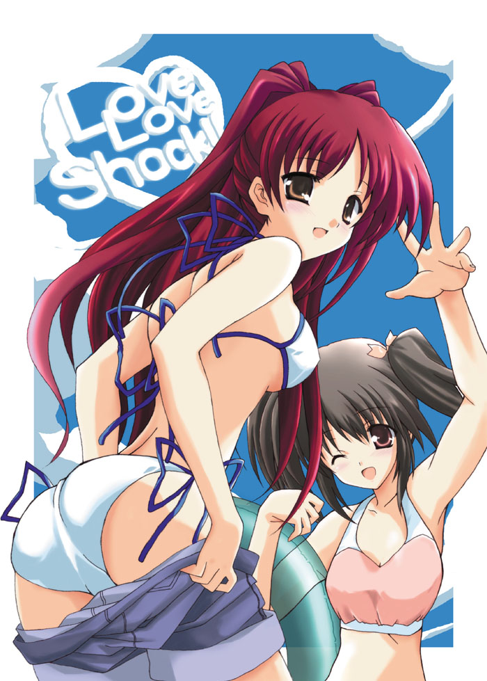 shibamine takashi, kousaka tamaki, yuzuhara konomi, to heart (series), to heart 2, 00s, bikini, blush, brown eyes, brown hair, clothes pull, innertube, long hair, one eye closed, open mouth, red hair, side-tie bikini bottom, smile, string bikini, swim ring, swimsuit, twintails, wink
