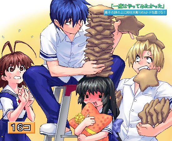 zen, furukawa nagisa, ibuki fuuko, okazaki tomoya, sunohara youhei, clannad, translated, 00s, 2boys, 2girls, happy, long hair, low-tied long hair, multiple boys, multiple girls, oekaki, school uniform, serafuku, stacking, starfish, text focus