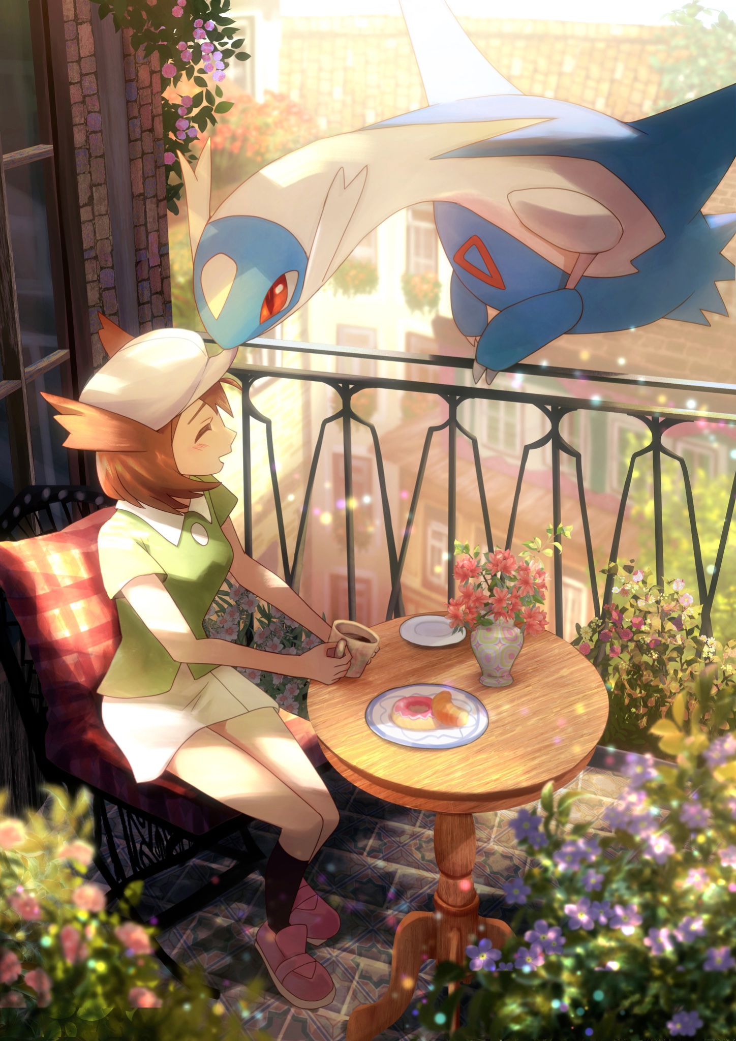ribero, bianca (pokemon heroes), latios, nintendo, pokemon, pokemon (anime), pokemon (classic anime), highres, 1girl, balcony, black socks, brown hair, closed eyes, cup, day, desk, flipped hair, flower, gen 3 pokemon, green shirt, hat, holding, holding cup, legendary pokemon, newsboy cap, on desk, pink shoes, plate, pokemon (creature), shirt, shoes, sitting, skirt, smile, socks, white hat, white skirt