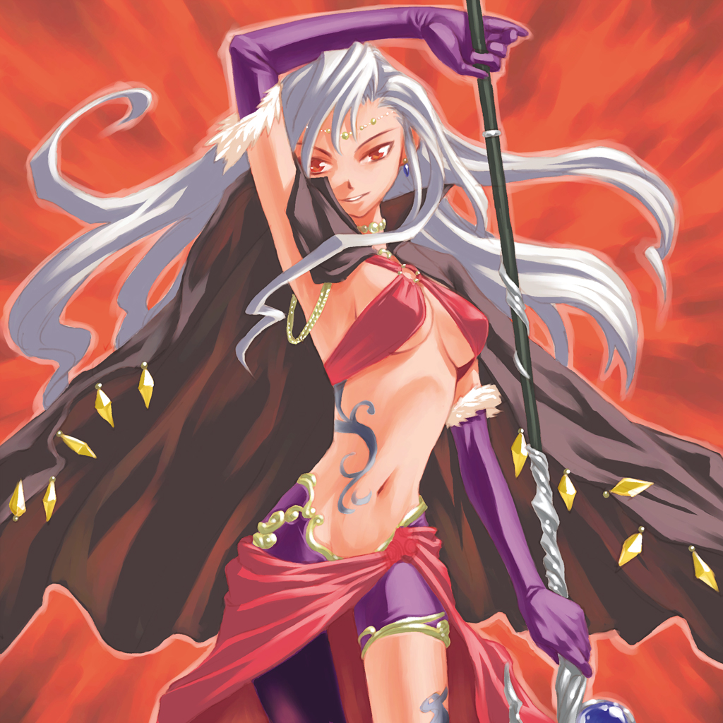mori kotarou, final fantasy, 1girl, armpits, breasts, cape, choker, circlet, earrings, elbow gloves, fantasy, female focus, gloves, jewelry, long hair, midriff, navel, purple gloves, red eyes, smile, solo, staff, tattoo, underboob, very long hair, white hair