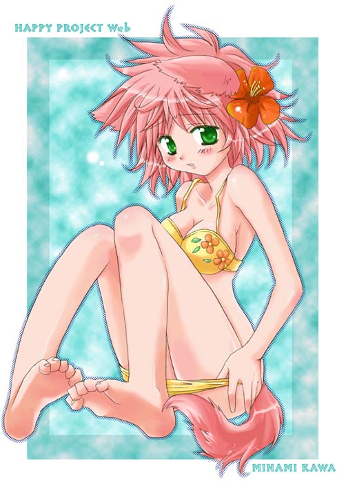 minami kawa, 1girl, animal ears, bikini, bikini pull, clothes pull, dog ears, female focus, flower, green eyes, panties, panty pull, pink hair, pulling own clothes, solo, string bikini, swimsuit, toe scrunch, underwear, yellow bikini