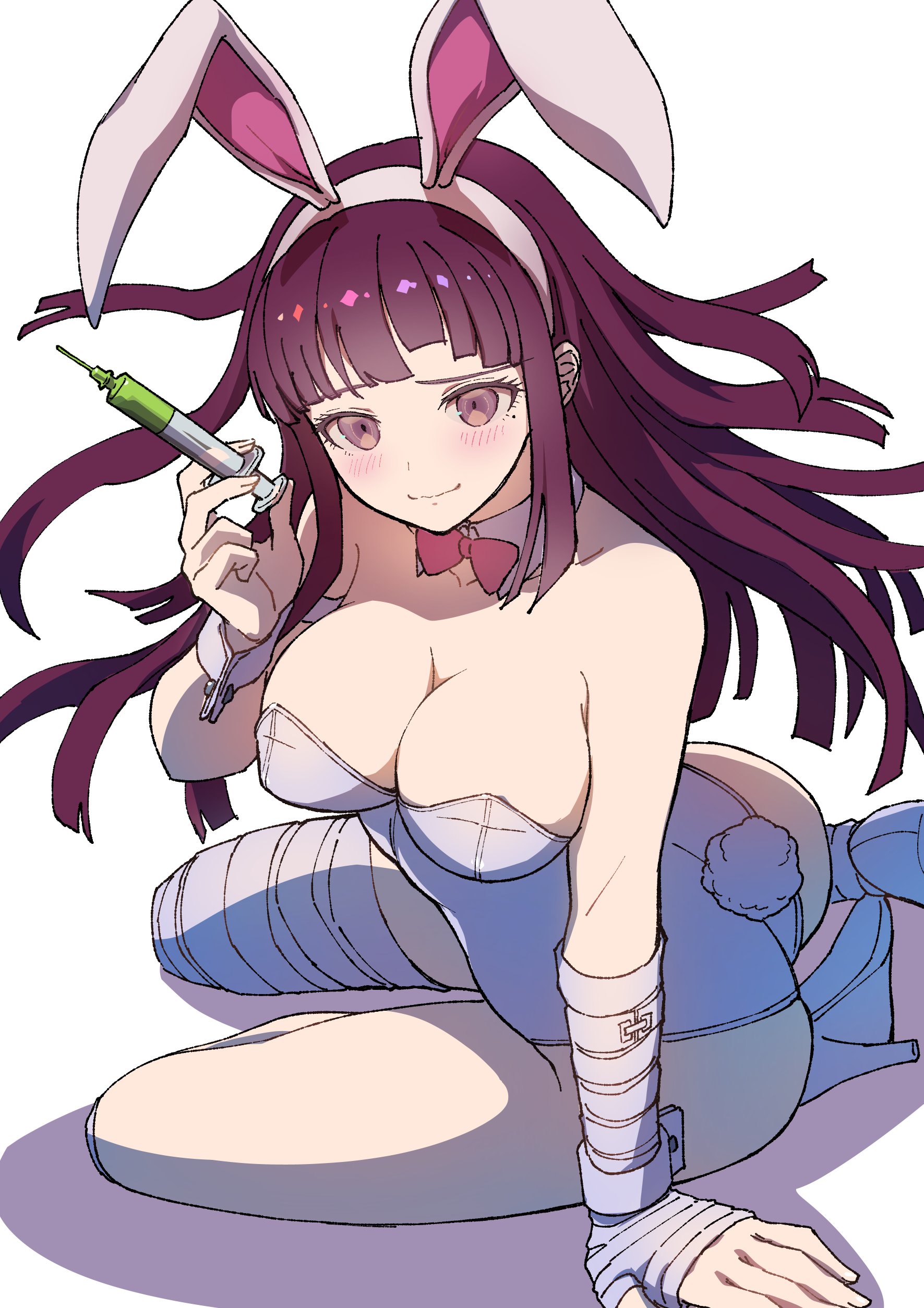 youko-shima, tsumiki mikan, danganronpa (series), danganronpa 2: goodbye despair, absurdres, highres, 1girl, animal ears, bare shoulders, blush, breasts, brown eyes, brown hair, cleavage, fake animal ears, fake tail, large breasts, leotard, long hair, playboy bunny, rabbit ears, rabbit tail, simple background, solo, syringe, tail, white background, white leotard