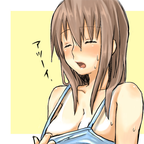 achi, hana ichiko, original, lowres, 1girl, breasts, brown hair, cleavage, closed eyes, clothes pull, female focus, hot, large breasts, shirt pull, shirt tan, solo, sweat, tan, tanline