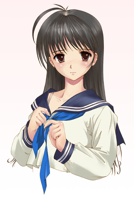 yurikuta tsukumi, original, 1girl, antenna hair, black hair, blush, brown eyes, female focus, gradient background, school uniform, serafuku, solo, untying