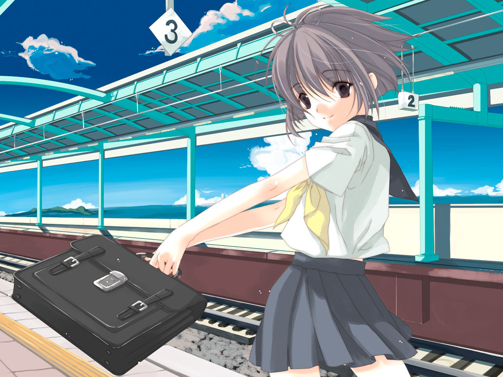 kirino kasumu, original, silver hair, 1girl, black eyes, female focus, ocean, outdoors, pleated skirt, school uniform, serafuku, short hair, skirt, sky, smile, solo, tactile paving, train station, trainstation, water
