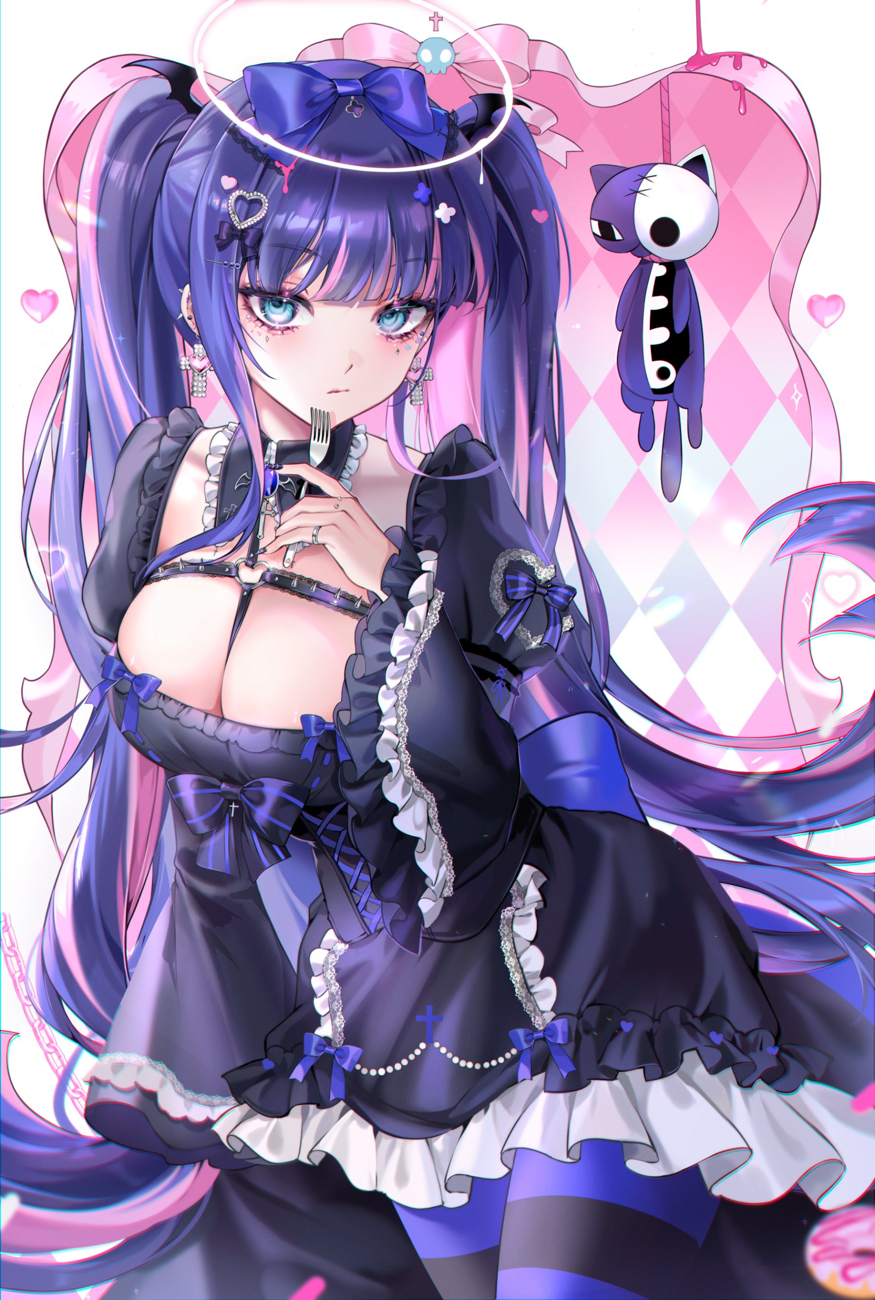 saga666, stocking (psg), panty & stocking with garterbelt, absurdres, highres, 1girl, black dress, blue bow, blue eyes, blue hair, blue thighhighs, blunt bangs, bow, breasts, closed mouth, cowboy shot, cross, cross earrings, dress, ear piercing, earrings, fork, frilled dress, frilled sleeves, frills, hair bow, hair ornament, halo, hand up, holding, holding fork, jewelry, large breasts, long hair, long sleeves, looking at viewer, multicolored hair, piercing, pink streaks, solo, streaked hair, striped clothes, striped thighhighs, thighhighs, twintails, very long hair, white halo