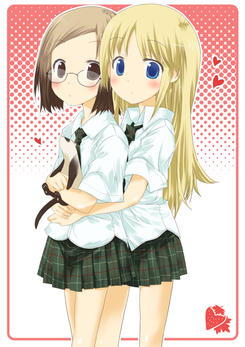 mizuki makoto, ana coppola, john, sakuragi matsuri, ichigo mashimaro, tatu, 2girls, blonde hair, blue eyes, child, ferret, food print, fruit print, glasses, heart, long hair, looking at viewer, multiple girls, strawberry print