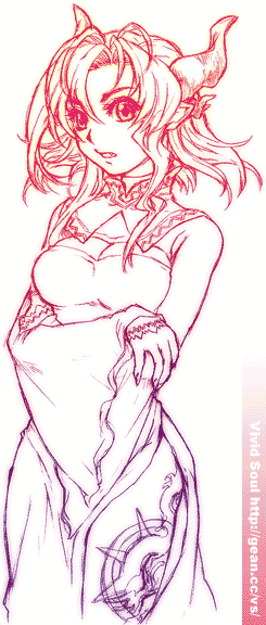 hazuki gean, 1girl, demon girl, fantasy, female focus, horns, monochrome, pointy ears, purple theme, red theme, solo