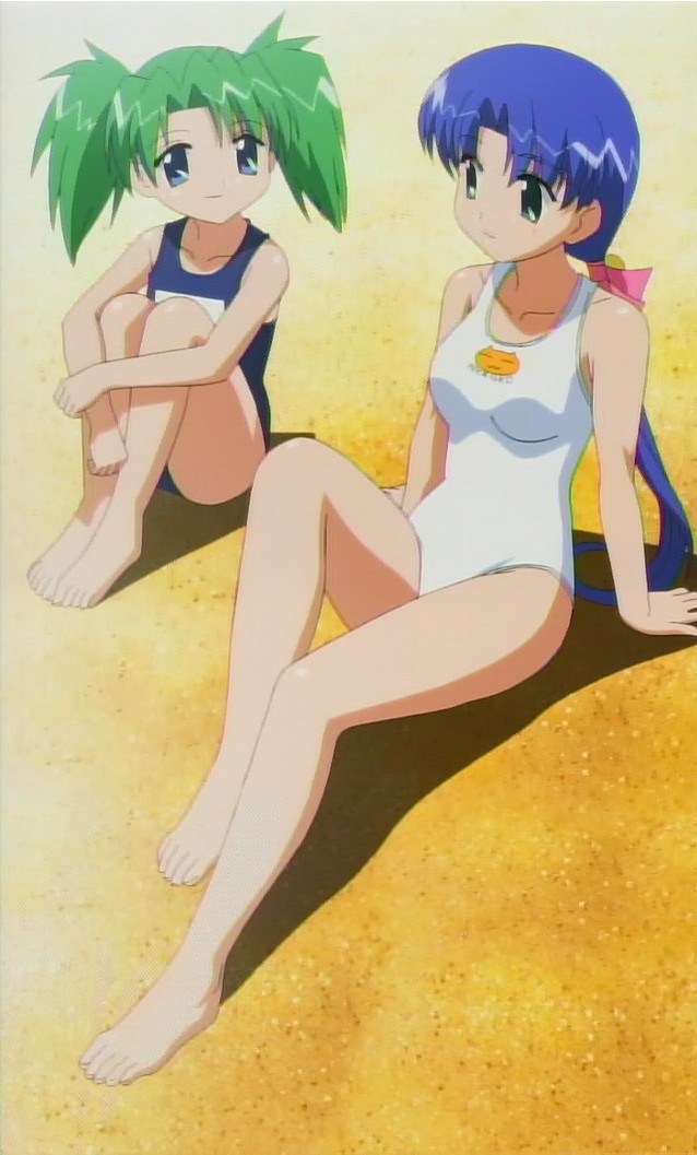 aoba kozue, kurosaki asami, mahoraba, anime screenshot, stitched, third-party edit, 00s, 2girls, bare shoulders, barefoot, beach, blue eyes, blue hair, closed mouth, clothes writing, collarbone, day, feet, green eyes, green hair, long hair, looking at another, multiple girls, no shoes, no socks, one-piece swimsuit, open mouth, outdoors, ponytail, school swimsuit, swimsuit, white one-piece swimsuit, white school swimsuit