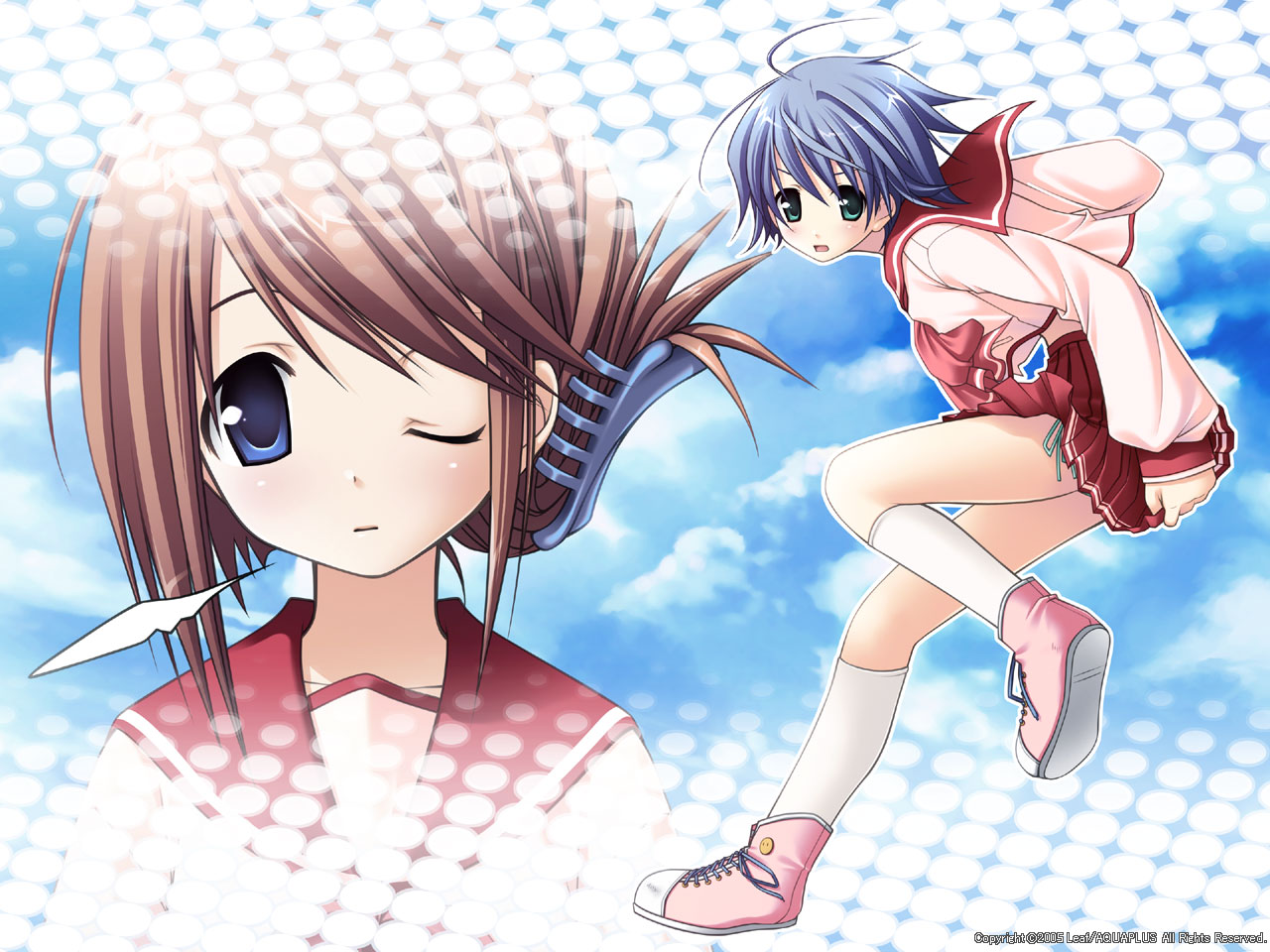 komaki manaka, tonami yuma, to heart (series), to heart 2, official art, official wallpaper, 00s, 2005, 2girls, folded ponytail, multiple girls, one eye closed, pleated skirt, school uniform, serafuku, shoes, skirt, sneakers, wink