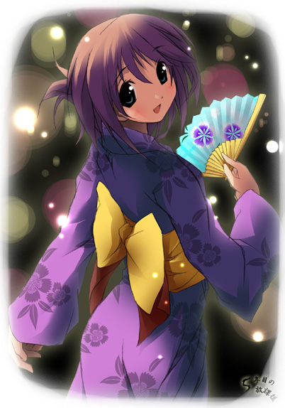 kantoku, komaki manaka, to heart (series), to heart 2, 00s, 1girl, :d, brown hair, female focus, floral print, folded ponytail, folding fan, from behind, hand fan, holding, japanese clothes, kimono, looking at viewer, looking back, obi, open mouth, sash, smile, solo