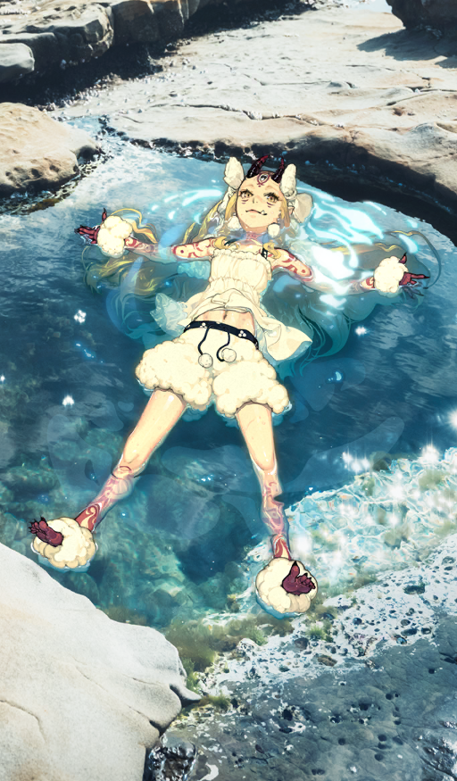hidari (left side), ibaraki douji (fate), fate/grand order, fate (series), commentary request, game cg, official art, third-party source, 1girl, afloat, blonde hair, bow, breasts, claws, closed mouth, colored extremities, colored skin, day, fingernails, full body, gradient horns, hair bow, horns, ibaraki douji (over the same sky) (fate), long hair, midriff, multicolored horns, multicolored skin, navel, official alternate costume, oni, outdoors, photo background, red skin, ripples, sharp fingernails, sharp toenails, shorts, small breasts, smile, solo, toenails, two-tone skin, very long hair, water, wet, white shorts, yellow eyes