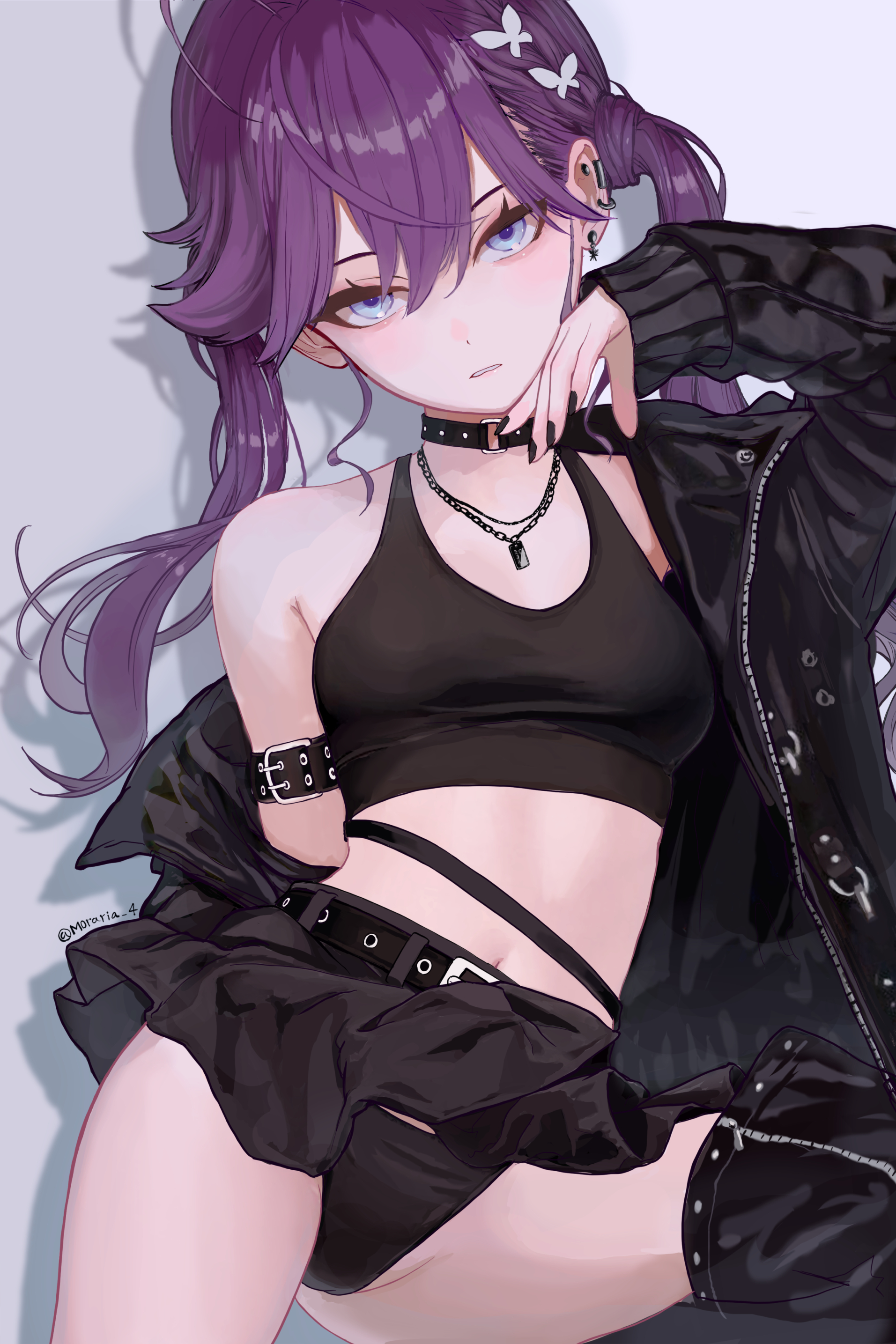 kiichirou, kaya rinha, gakuen idolmaster, idolmaster, absurdres, highres, 1girl, ahoge, black bra, black choker, black jacket, black nails, black panties, black skirt, blue eyes, bra, breasts, butterfly hair ornament, choker, ear piercing, hair ornament, high-waist skirt, jacket, jewelry, long hair, long sleeves, looking at viewer, medium breasts, midriff, navel, necklace, off shoulder, open clothes, open jacket, panties, piercing, purple hair, simple background, skirt, solo, twintails, underwear, white background, zipper