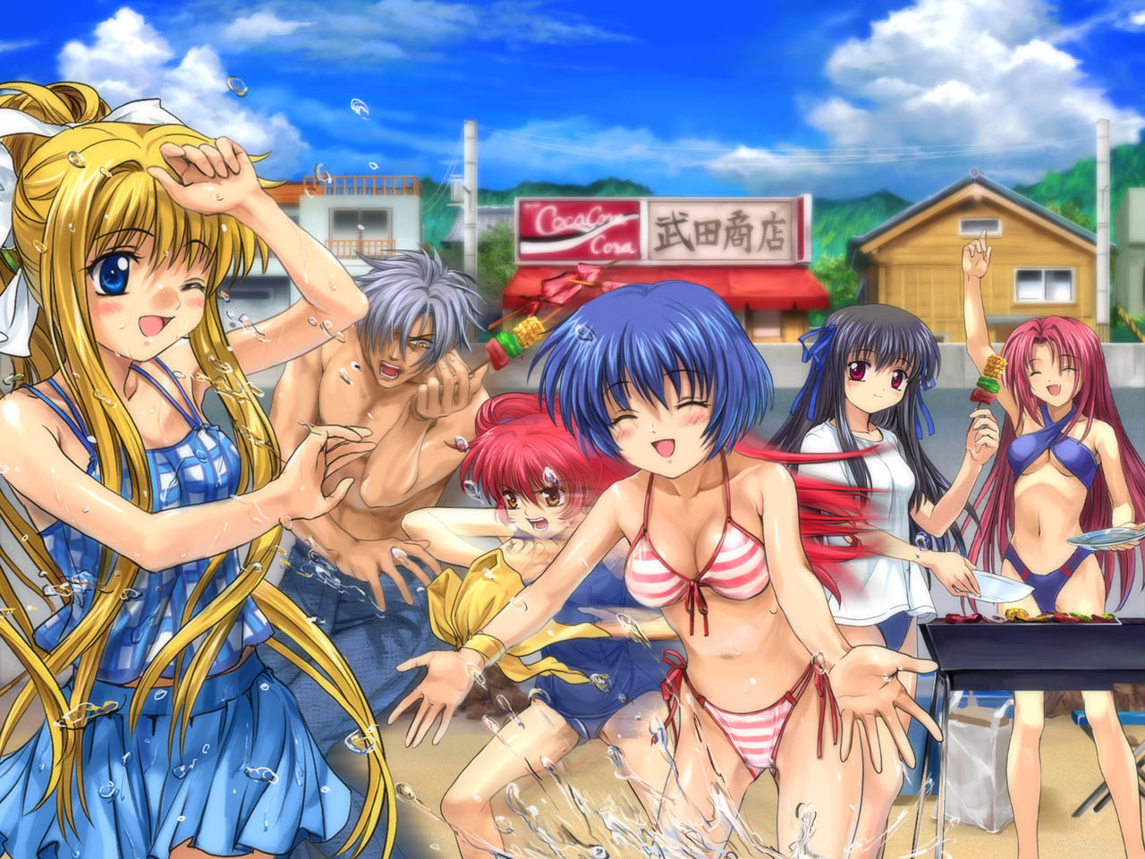mutsuki (moonknives), kamio haruko, kamio misuzu, kirishima kano, kunisaki yukito, michiru (air), toono minagi, air (visual novel), key (company), 00s, 1boy, 5girls, bikini, bikini under clothes, blonde hair, blush, breasts, cleavage, cooking, day, everyone, front-tie top, grill, grilling, large breasts, medium breasts, multiple girls, old school swimsuit, one-piece swimsuit, one eye closed, open mouth, playing, school swimsuit, side-tie bikini bottom, smile, splashing, string bikini, striped bikini, striped clothes, swimsuit, swimsuit under clothes, underboob, water, wink