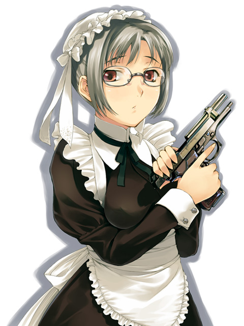 simosi, original, silver hair, 1girl, averting eyes, beretta 92, cocking gun, combat maid, dress, female focus, glasses, gun, handgun, hat, maid, maid headdress, mob cap, pistol, red eyes, ribbon, semi-automatic pistol, short hair, simple background, sleeve cuffs, solo, two-tone dress, weapon, white background, white hat