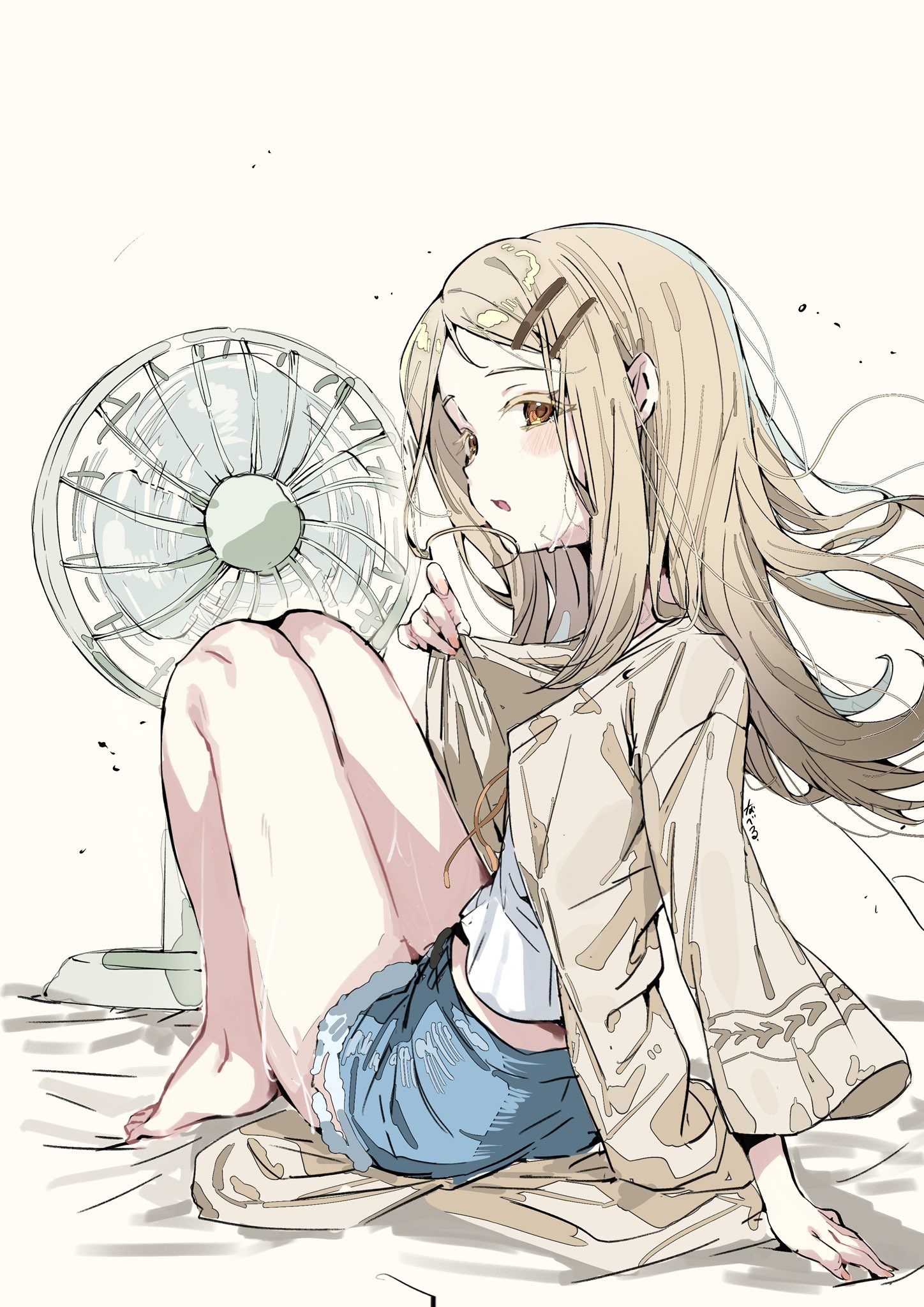 youguo naberu, shinosawa hiro, gakuen idolmaster, idolmaster, 1girl, barefoot, blue shorts, electric fan, hair ornament, hairclip, shorts, sitting, solo
